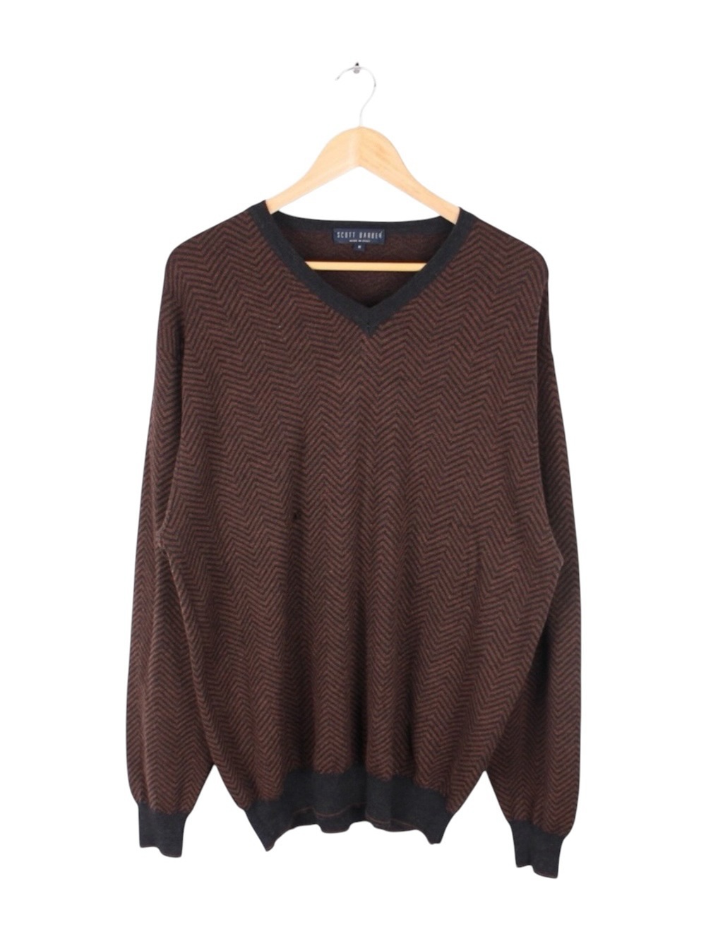 Scott Barber Merino Wool V-Neck Sweater Brown Black Chevron Men's Medium